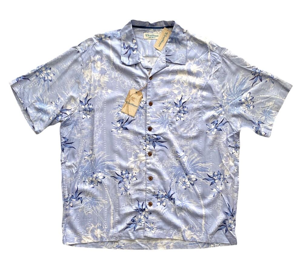 Caribbean Roundtree & Yorke Nwt Silk Blend Blue Floral Tropical Camp Shirt XL